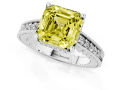 Fancy Yellow Asscher Cut Diamond Solitaire Pavé Milgrain Engagement Ring Set in Platinum with Prong Setting