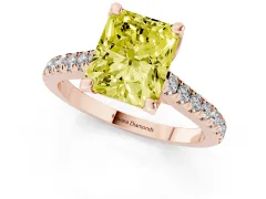 Fancy Yellow Radiant Cut Diamond Solitaire Ring Set in Rose gold with Brilliant Pavé Band and Prong Setting