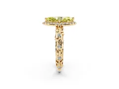 Fancy Yellow Marquise Cut Diamond Halo Ring Set in Yellow gold with Filigree Leaf Band and Prong Setting