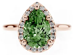 Fancy Green Pear Cut Diamond Halo Engagement Ring Set in Rose gold with Pavé Band and Rising Shoulders