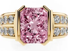 Fancy Pink Radiant Cut Diamond Wide Channel Set Band Ring Set in Yellow gold with Bezel Setting
