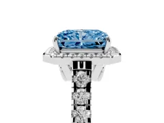 Fancy Blue Radiant Cut Diamond Halo Engagement Ring Set in White gold with Pavé Band and Prong-Set Center