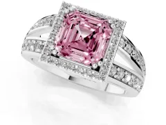Fancy Pink Asscher Cut Diamond Halo Ring Set in Platinum with Double Pavé Split Shank