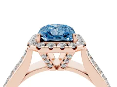 Fancy Blue Radiant Cut Diamond Halo Ring Set in Rose gold with Pavé Band and Raised Center Setting