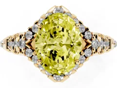 Fancy Yellow Oval Cut Diamond Solitaire Ring Set in Yellow gold with Hidden Halo and Pavé Band