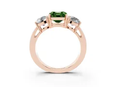Fancy Green Asscher Cut Diamond Three-Stone Ring Set in Rose gold with Round Side Stones and Classic Band