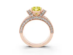 Fancy Yellow Cushion Cut Diamond Milgrain Halo Pavé Engagement Ring Set in Rose gold with Prong Setting