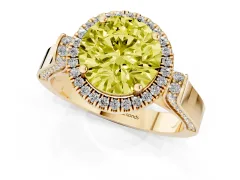 Fancy Yellow Round Cut Diamond Halo Ring Set in Yellow gold with Pavé-Lined Split Shank Band
