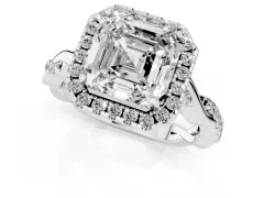 Asscher Cut Diamond Halo Twist Band Solitaire Ring Set in Silver with Prong Setting