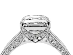 Asscher Cut Diamond Solitaire Ring Set in Silver with Milgrain-Edged Pavé Band and Prong Setting
