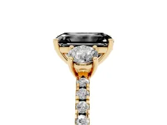 Fancy Black Emerald Cut Diamond Three-Stone Ring Set in Yellow gold with Pavé Band and Graduated Sides