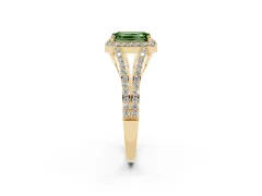 Fancy Green Emerald Cut Diamond Halo Split Shank Pavé Ring Set in Yellow gold with Prong Setting
