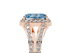 Fancy Blue Emerald Cut Diamond Halo Split Shank Pavé Ring Set in Rose gold with Prong Setting