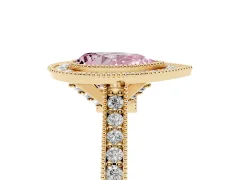Fancy Pink Pear Cut Diamond Halo Milgrain Pavé Band Ring Set in Yellow gold with Prong Setting