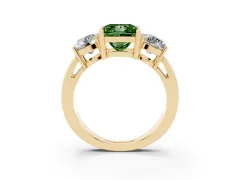 Fancy Green Princess Cut Diamond Three-Stone Ring Set in Yellow gold with Round Side Stones and Classic Band