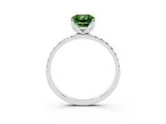 Fancy Green Radiant Cut Diamond Solitaire Engagement Ring Set in White gold with Round Pavé Band and Prong Setting