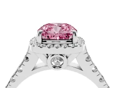 Fancy Pink Cushion Cut Diamond Halo Engagement Ring Set in Silver with Pavé Band and Prong-Set Center