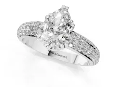 Pear Cut Diamond Solitaire Ring Set in Platinum with Multi-Row Round Pavé Band and Prong Setting
