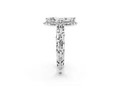 Marquise Cut Diamond Halo Ring Set in Platinum with Filigree Leaf Band and Prong Setting