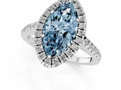 Fancy Blue Marquise Cut Diamond Pavé Halo Engagement Ring Set in White gold with Pavé Band and Prong Setting