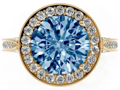 Fancy Blue Round Cut Diamond Halo Engagement Ring Set in Yellow gold with Accent Split Shank Band