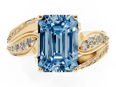 Fancy Blue Emerald Cut Diamond Solitaire Ring Set in Yellow gold with Layered Twist Pavé Band