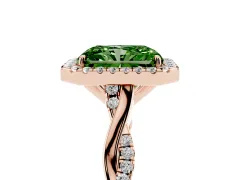 Fancy Green Radiant Cut Diamond Halo Twist Band Solitaire Ring Set in Rose gold with Prong Setting