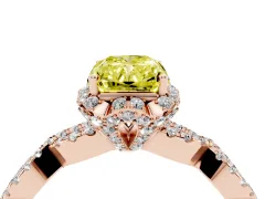 Fancy Yellow Radiant Cut Diamond Halo Twist Band Solitaire Ring Set in Rose gold with Prong-Set Center Stone
