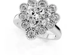 Heart Cut Diamond Cluster Halo Ring Set in White gold with Milgrain Bezel Accents and Plain Band