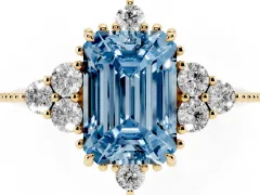 Fancy Blue Emerald Cut Diamond Cluster Ring Set in Yellow gold with Beaded Band
