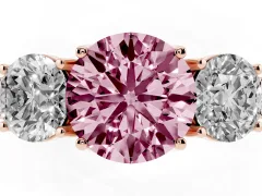 Fancy Pink Round Cut Diamond Three-Stone Engagement Ring Set in Rose gold with Milgrain Pavé Band