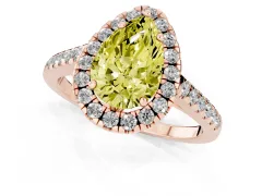 Fancy Yellow Pear Cut Diamond Pavé Halo Engagement Ring Set in Rose gold with Pavé Band and Prong Setting