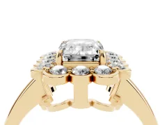 Emerald Cut Diamond Halo Cluster Engagement Ring Set in Yellow gold with Solitaire Band and Prong Setting
