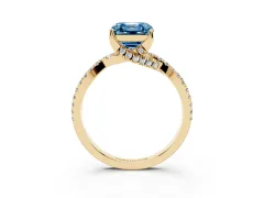 Fancy Blue Asscher Cut Diamond Twist Pavé Solitaire Engagement Ring Set in Yellow gold with Prong Setting