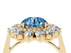 Fancy Blue Round Cut Diamond Floral Double Halo Ring Set in Yellow gold with Round Petals