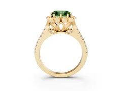 Fancy Green Asscher Cut Diamond Floral Halo Split Shank Engagement Ring Set in Yellow gold with Pavé Shank
