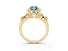 Fancy Blue Cushion Cut Diamond Floral Halo Ring Set in Yellow gold with Shared Prong Band