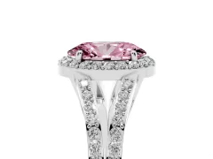 Fancy Pink Oval Cut Diamond Halo Split Shank Pavé Ring Set in White gold with Prong Setting