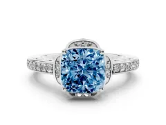Fancy Blue Cushion Cut Diamond Halo Ring Set in White gold with Channel Set Band and Prong Setting