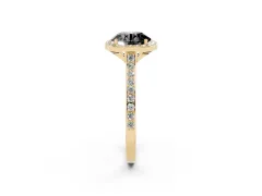 Fancy Black Round Cut Diamond Halo Engagement Ring Set in Yellow gold with Round Pavé Shoulders and Heart Gallery