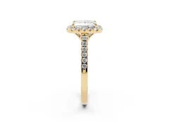 Princess Cut Diamond Pavé Halo Engagement Ring Set in Yellow gold with Pavé Band and Prong Setting