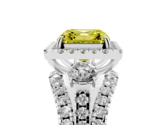 Fancy Yellow Asscher Cut Diamond Halo Split Shank Ring Set in Silver with Round Accent Stones and Prong Setting