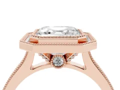 Asscher Cut Diamond Halo Milgrain Pavé Band Ring Set in Rose gold with Prong Setting