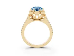 Fancy Blue Round Cut Diamond Floral Halo Split Shank Engagement Ring Set in Yellow gold with Pavé Shank