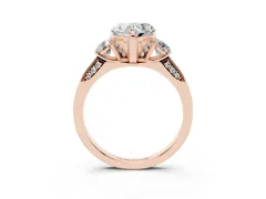 Heart Cut Diamond Three-Stone Ring Set in Rose gold with Pavé Band and Smaller Side Stones