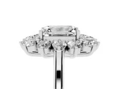 Emerald Cut Diamond Floral Double Halo Ring Set in White gold with Round Petals