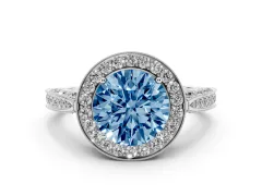 Fancy Blue Round Cut Diamond Halo Engagement Ring Set in Platinum with Accent Split Shank Band
