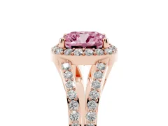 Fancy Pink Cushion Cut Diamond Halo Split Shank Pavé Ring Set in Rose gold with Prong Setting