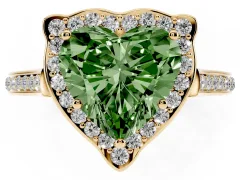 Fancy Green Heart Cut Diamond Halo Ring Set in Yellow gold with Pavé-Lined Shoulders and Prong Setting