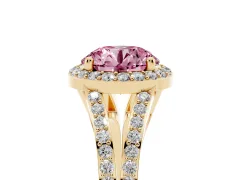 Fancy Pink Round Cut Diamond Halo Split Shank Ring Set in Yellow gold with Accent Stones and Prong Setting